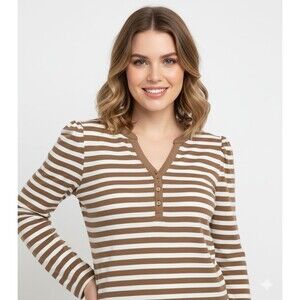 Talbots Henley Womens Royal Stripe Ribbed Long Sleeve Brown and White XL